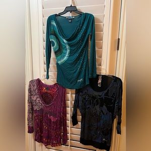Three Desigual long sleeved t-shirts with unique embellishments